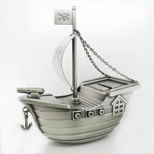 Pewter Jolly Roger Pirate Ship Money Box