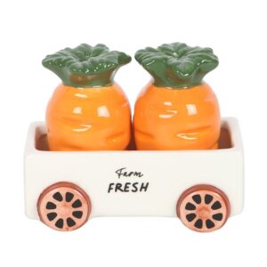 Carrot Shaped Ceramic Salt and Pepper Shakers In A Wagon