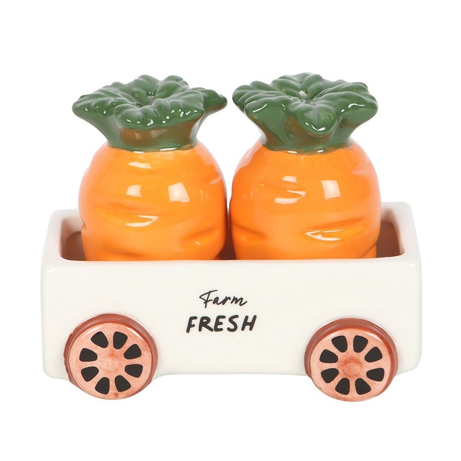 Carrot Shaped Ceramic Salt and Pepper Shakers In A Wagon