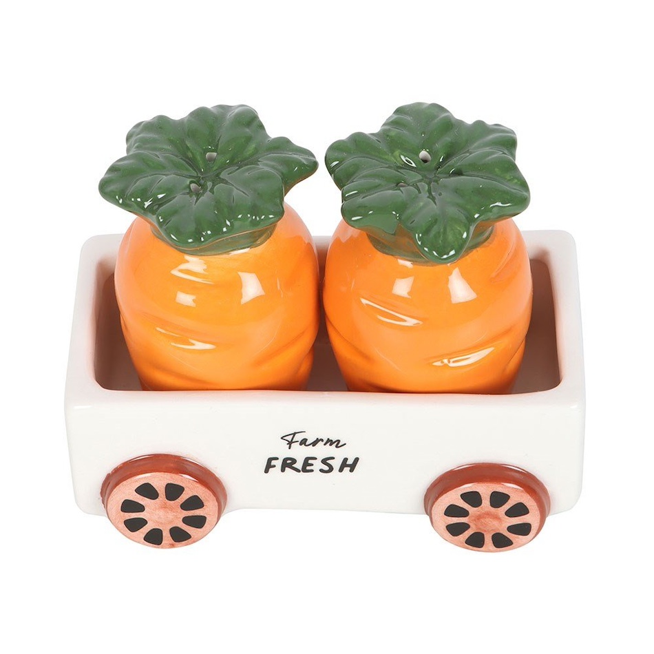 Carrot Shaped Ceramic Salt and Pepper Shakers In A Wagon