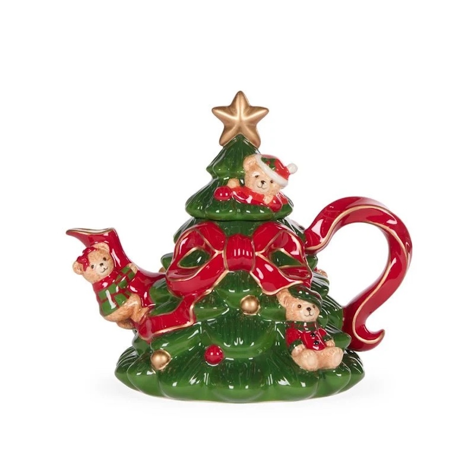 Cozy Teddy Bear Christmas Tree Teapot